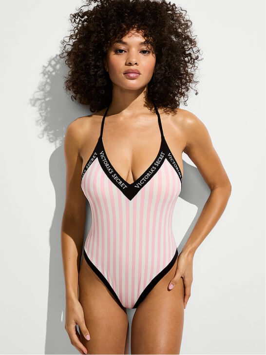 Iconic Stripe Logo Plunge Swimsuit
