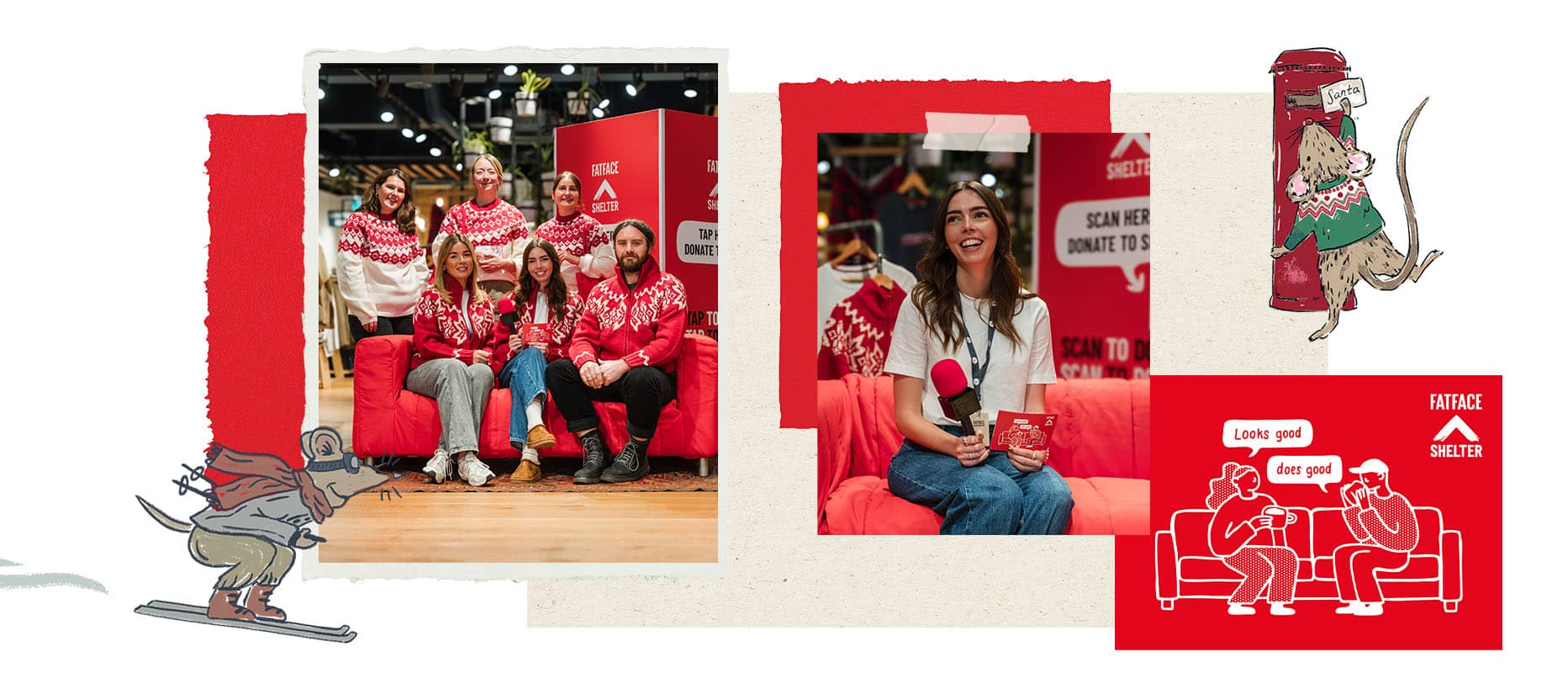 FatFace x Shelter charity campaign event collage showing store team members in festive red Fair Isle Christmas jumpers holding a fundraising event.