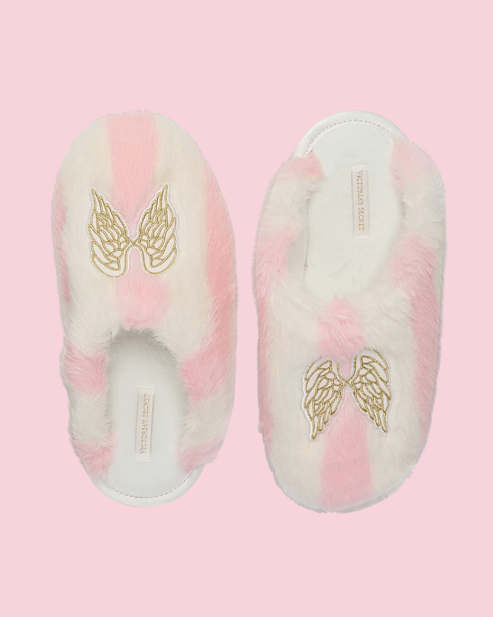 Pink Iconic Stripe Wings Closed Toe Faux Fur Slippers