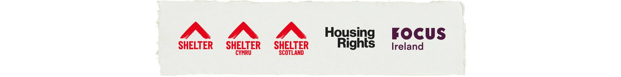 Partner housing charity logos featuring Shelter, Shelter Cymru, Shelter Scotland, Housing Rights, and Focus Ireland.