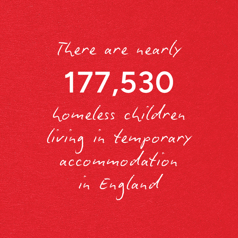 Shelter charity campaign infographic displaying homelessness statistics in England, including 177,530 homeless children in temporary accommodation.