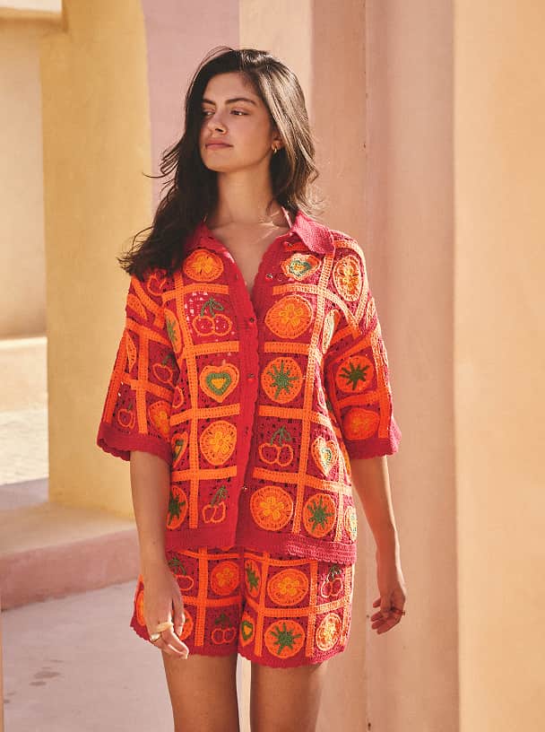 Red/Orange Fruit Crochet Short Sleeve Collared Shirt