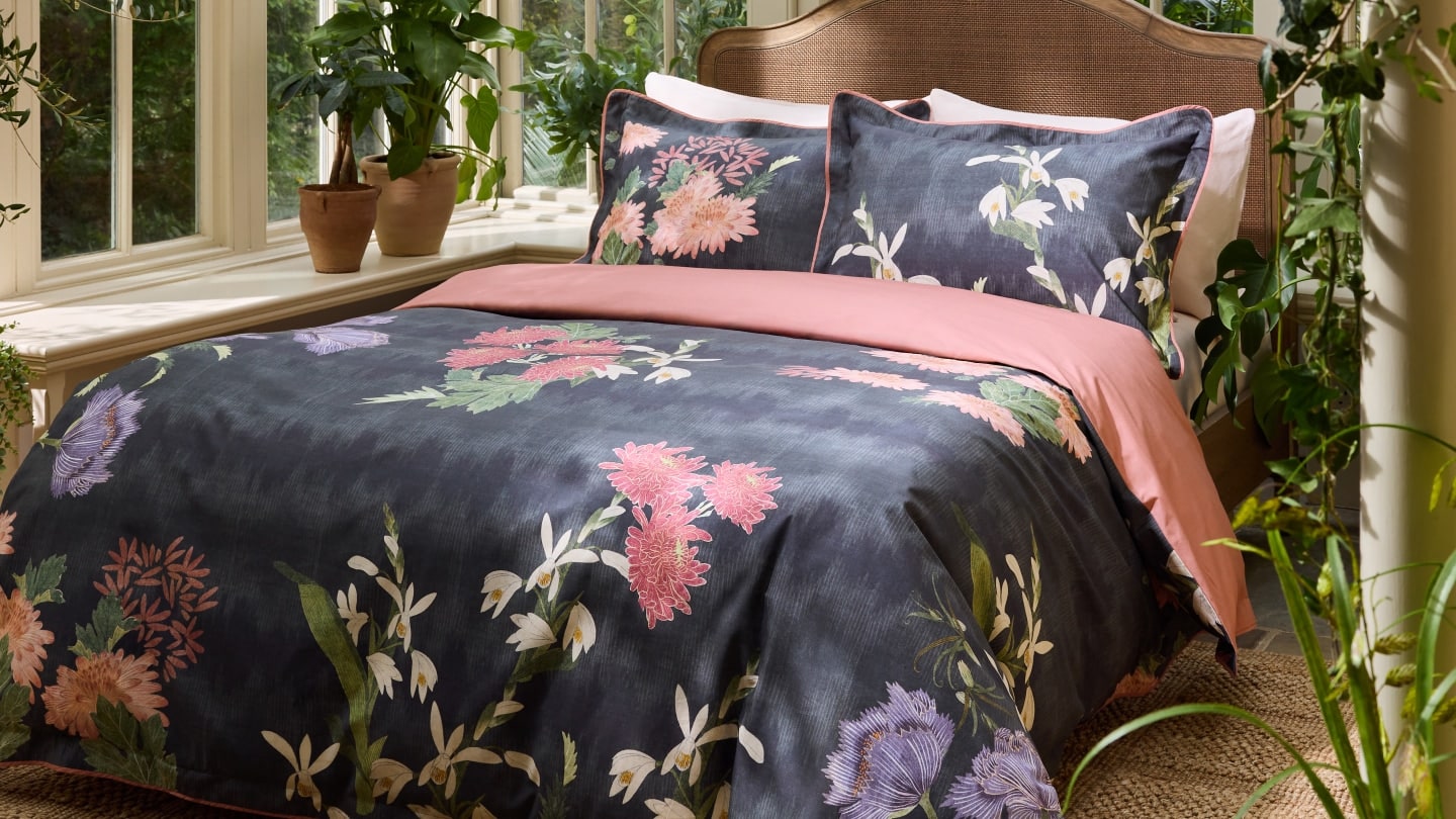 Blue Kew Collection Midnight Floral 400 Thread Count Percale Duvet Cover and Pillowcase Set