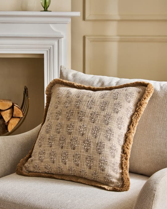 Natural 50 X 50cm Woodblock Reversible Floral Cushion