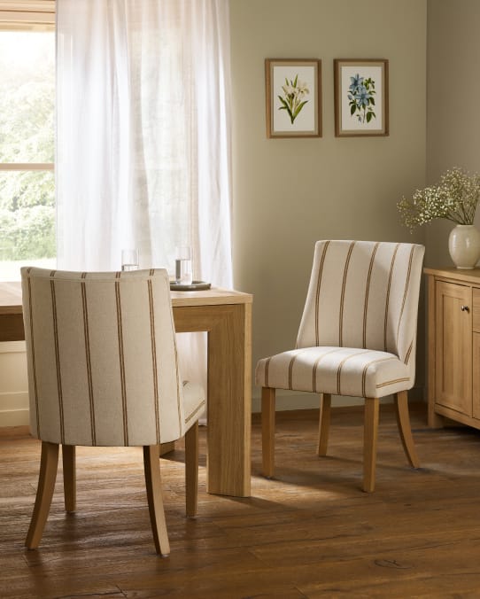 Set of 2 Country Chenille Stripe Ochre Light Wood Leg Wolton Non Buttoned Dining Chairs