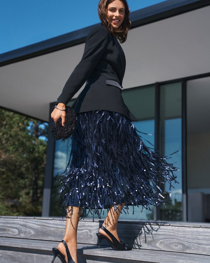 Sequin Tassel Skirt & Navy Blazer