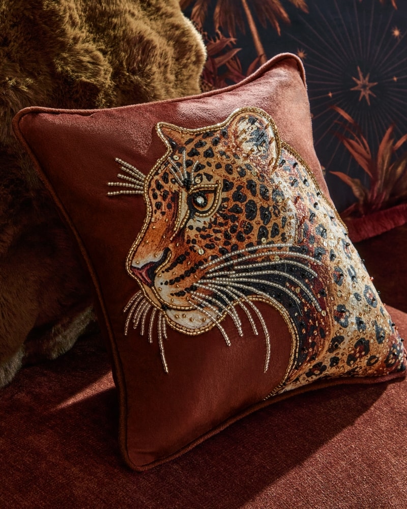 Orange 35x35 Embellished Leopard Cushion